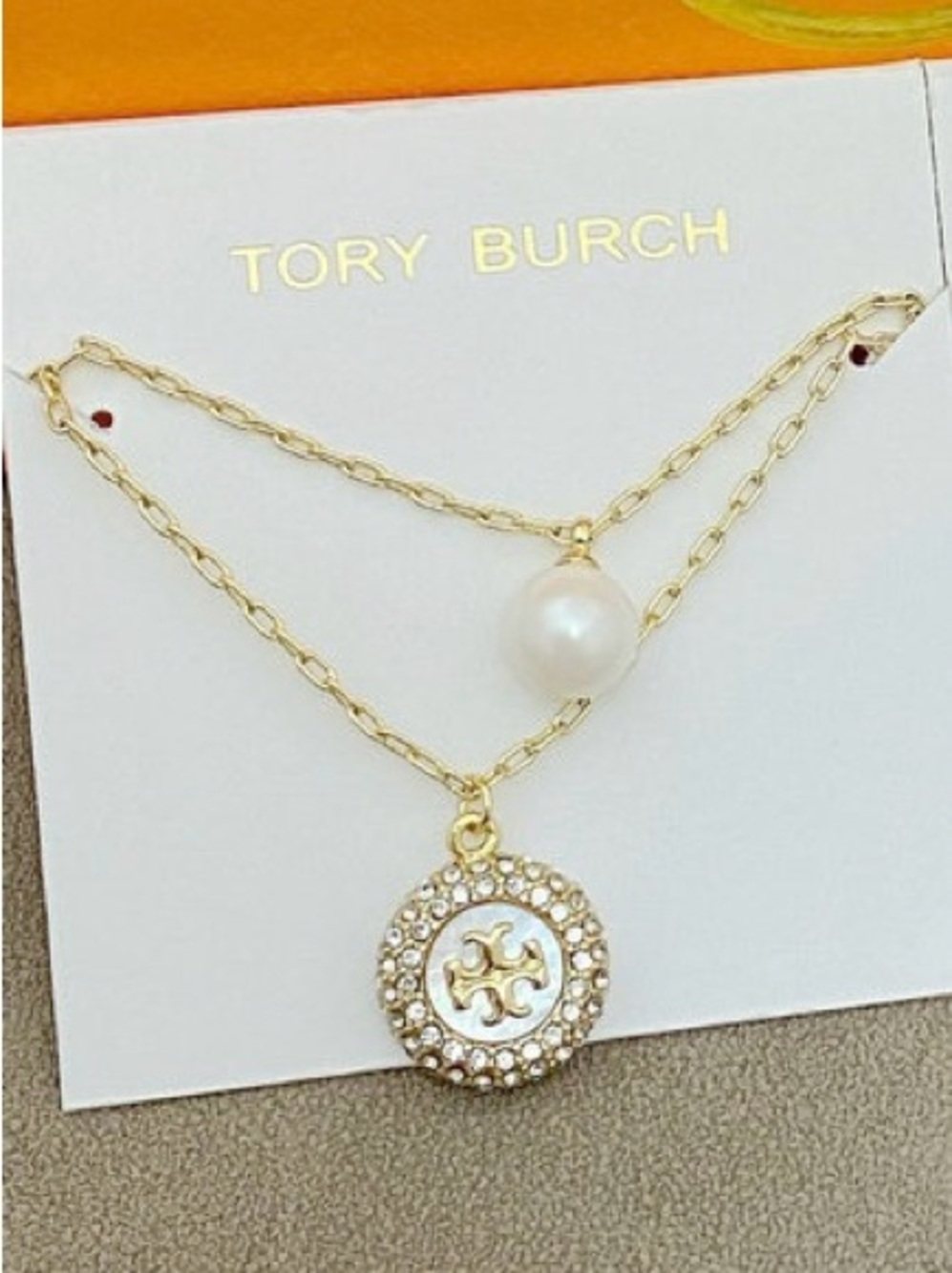 Tory Burch Gold Double-Layer Necklace with White Pearl and Logo Pendant